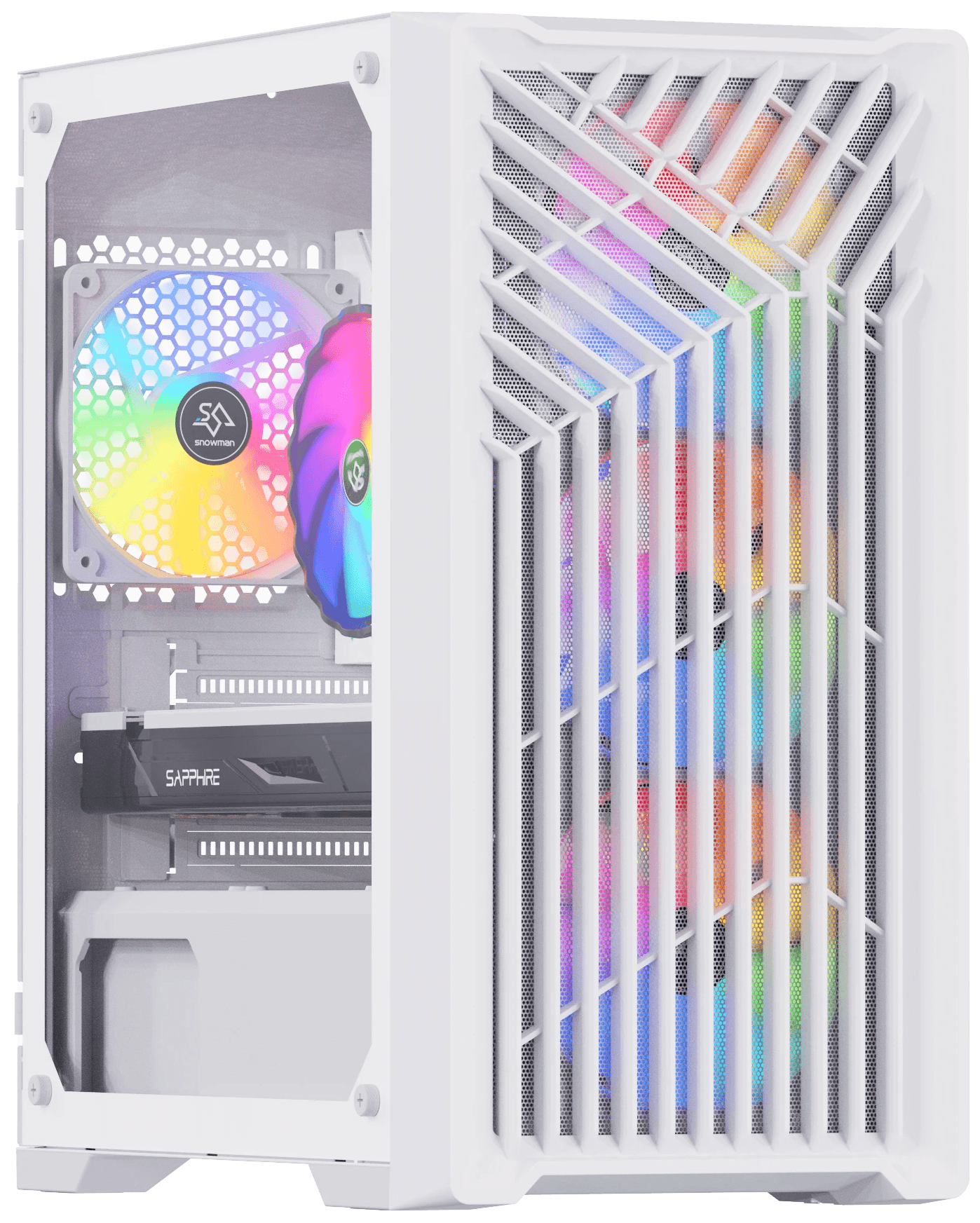 White gaming PC case with RGB fans in the front, offering enhanced cooling and a stylish, modern design. Featuring a high-performance build with ample space for upgrades, perfect for gamers looking for top-tier graphics and processing power. Ideal for building the best gaming setup in 2023 with an aesthetic touch and efficient airflow system for prolonged gaming sessions.