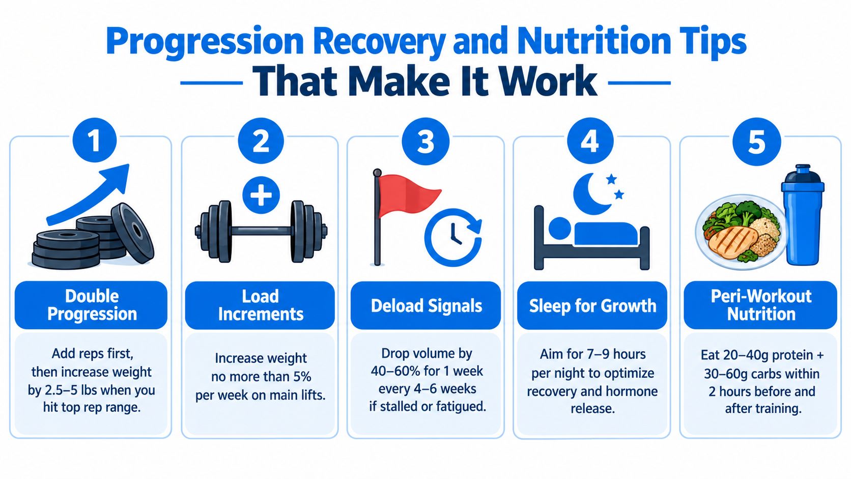 An infographic titled Progression Recovery and Nutrition Tips outlining five essential steps for building muscle mass.