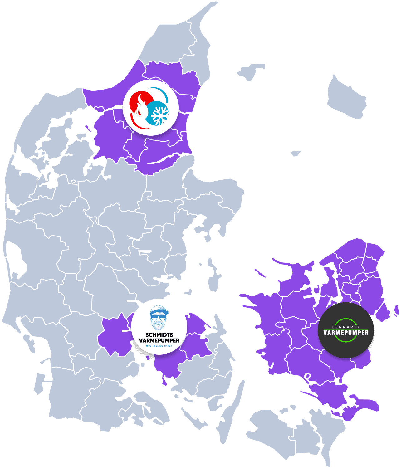 Landkort af Danmark som viser hvor SmartService kører serviceeftersyn med deres servicepartnere