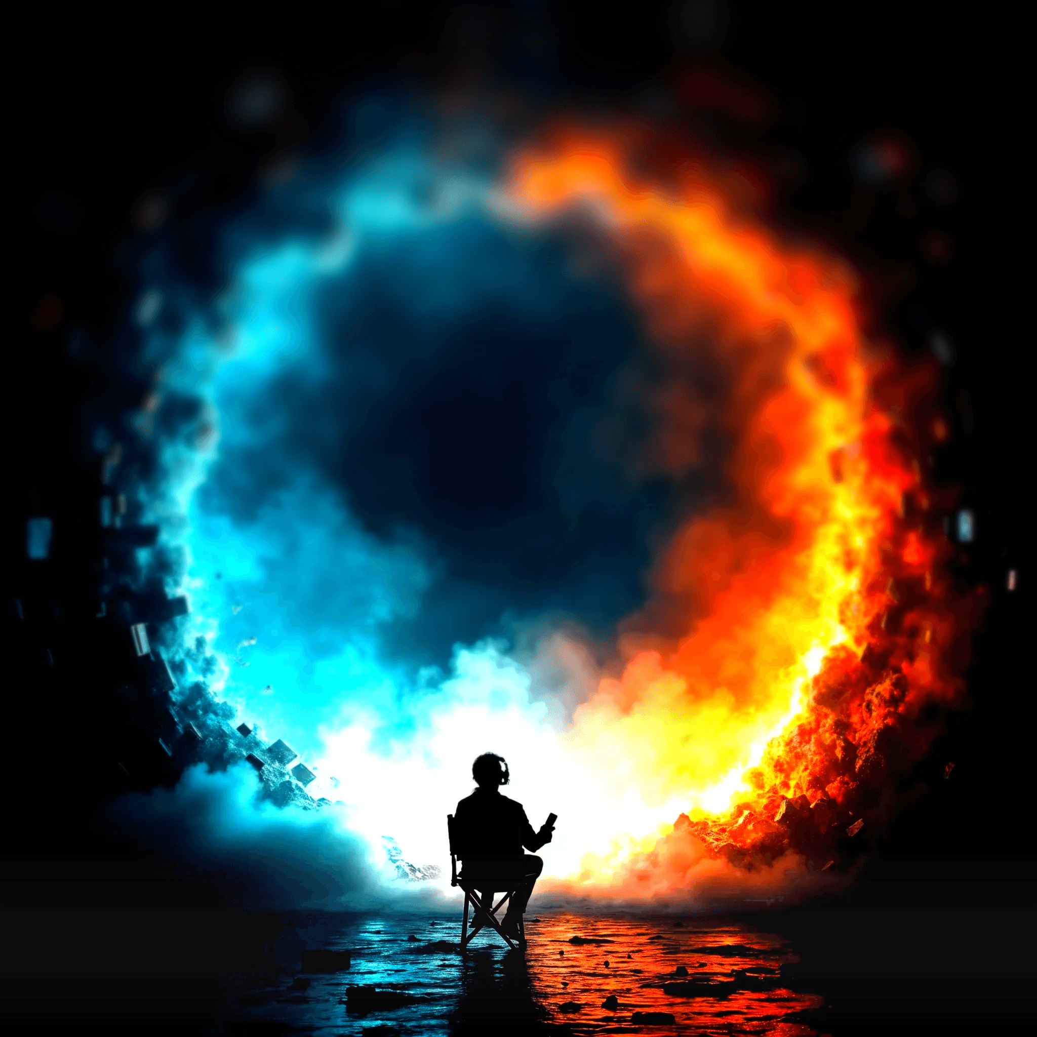 A dramatic FAQ section with a dark background featuring contrasting fiery orange and cool blue lights. A silhouette of a person sitting on a chair is visible at the bottom. The title reads 'Video Production FAQs That Solve Real Problems,' followed by several clickable FAQ questions such as 'How long does video production take?' and 'Do you offer audio services with videos?' Each question has a yellow expand icon."