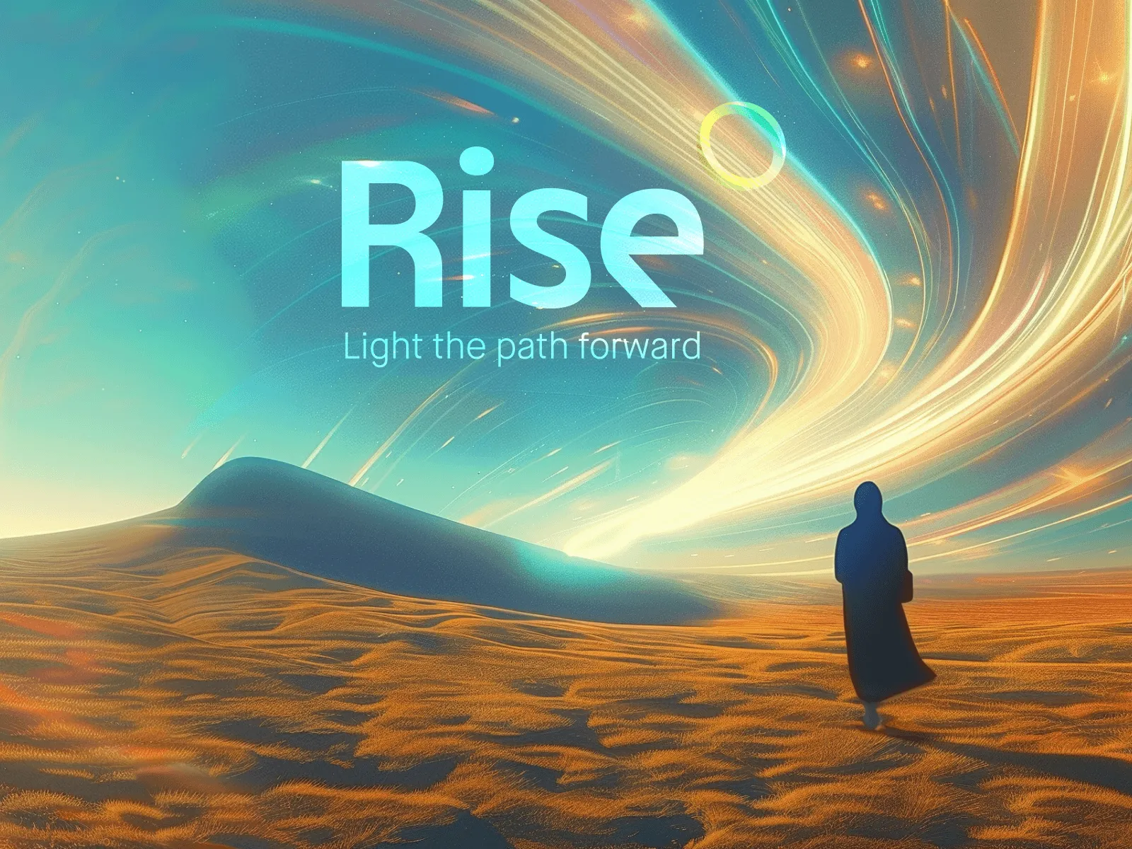 A figure stands in a desert landscape, gazing at a colorful sky with the word "Rise" prominently displayed.