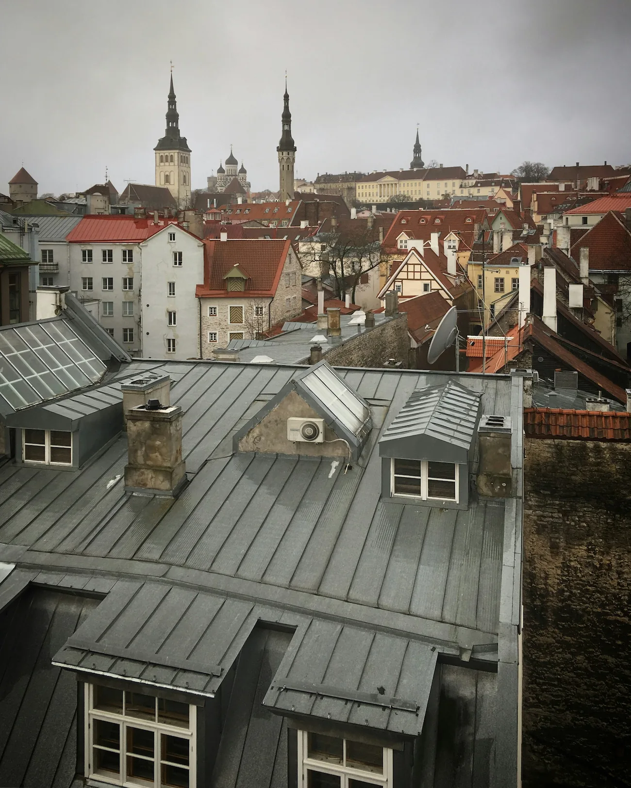 Property survey view of a grey standing seam metal roof with dormer windows in a historic city