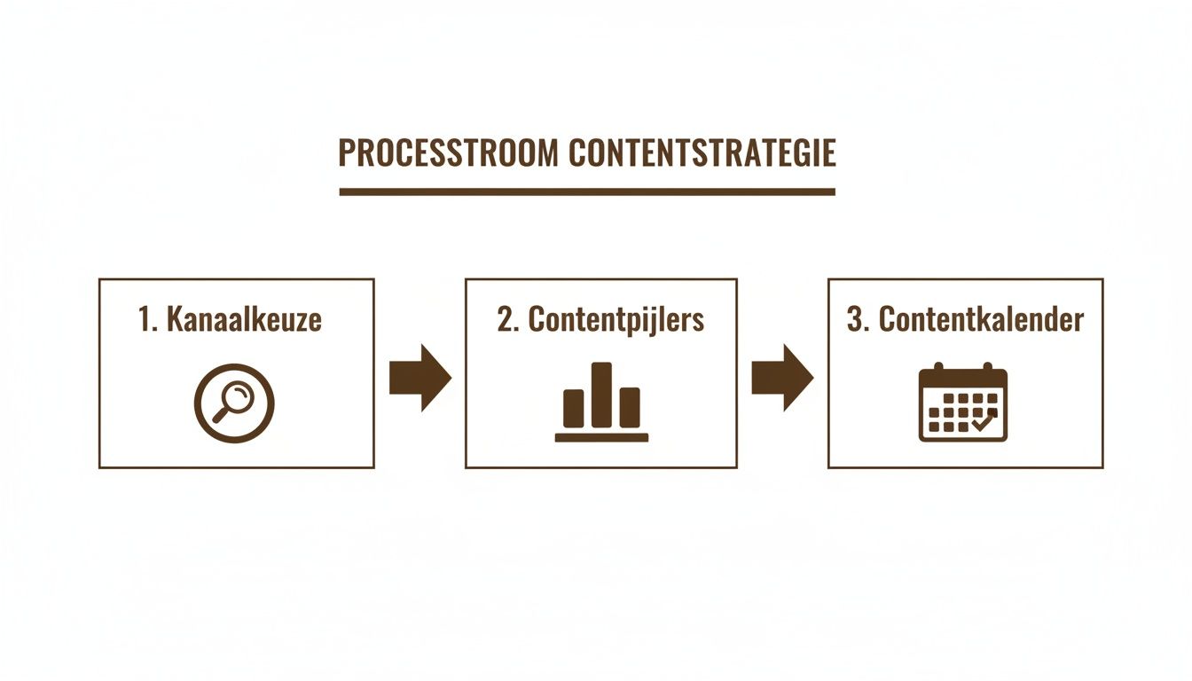 Processtroom voor contentstrategie met de stappen: kanaalkeuze, contentpijlers en contentkalender.