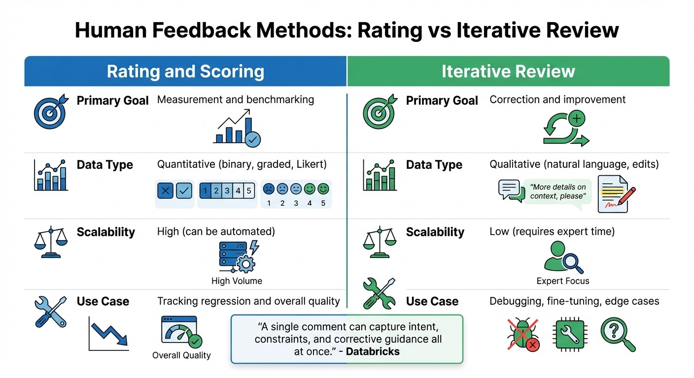 Human Feedback Methods in LLM Validation: Rating vs Iterative Review Comparison