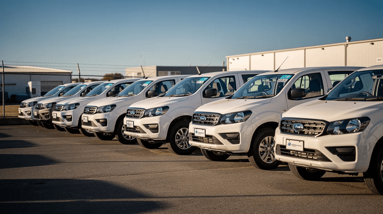A row of commercial utes and vans is neatly parked at a fleet yard under a clear blue sky, symbolizing the operational readiness of small businesses. This image highlights the importance of reliable vehicles in supporting business growth and development initiatives.