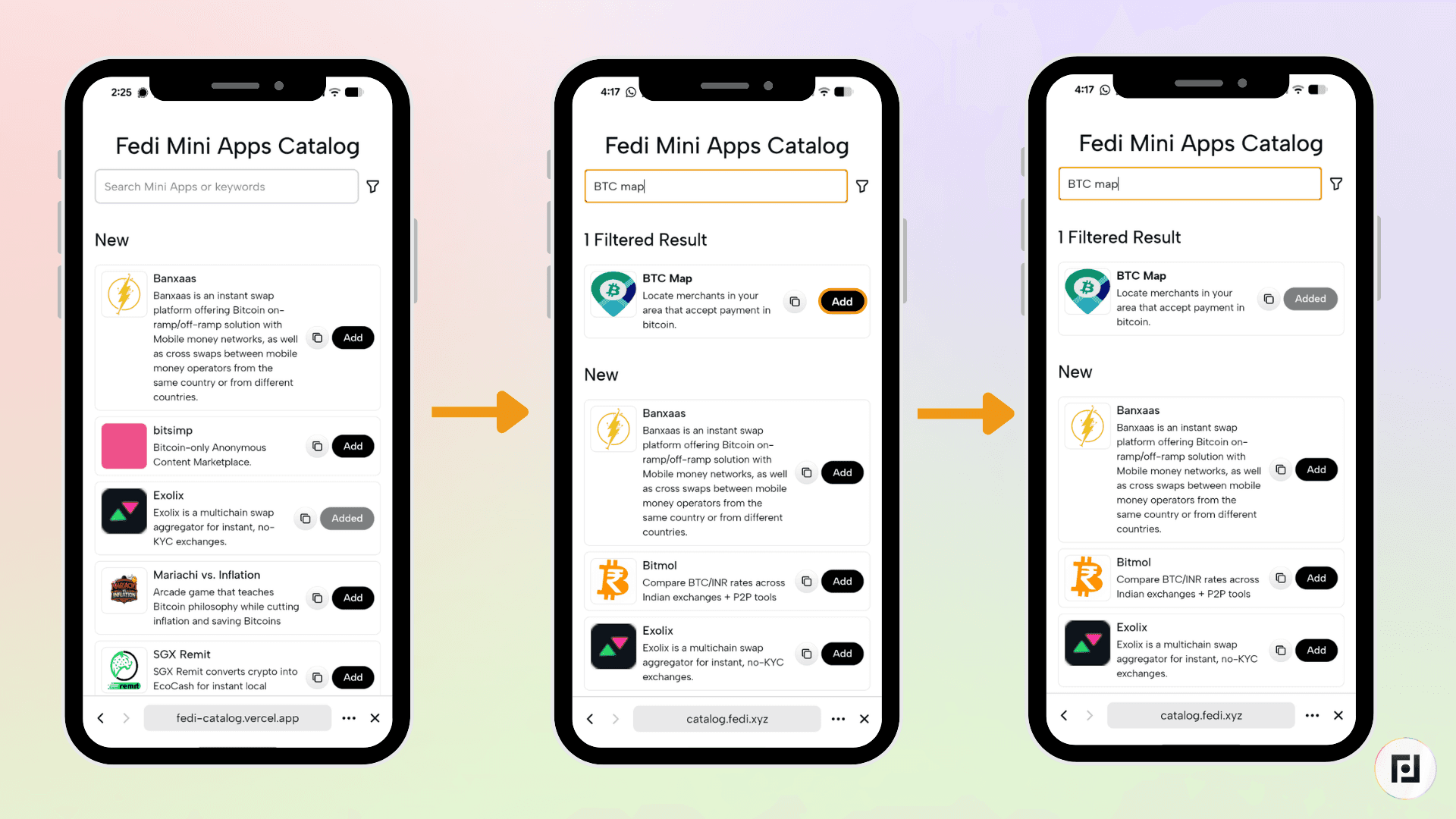 Fedi Mini Apps Catalog showing search results for "BTC Map" with an Add button highlighted