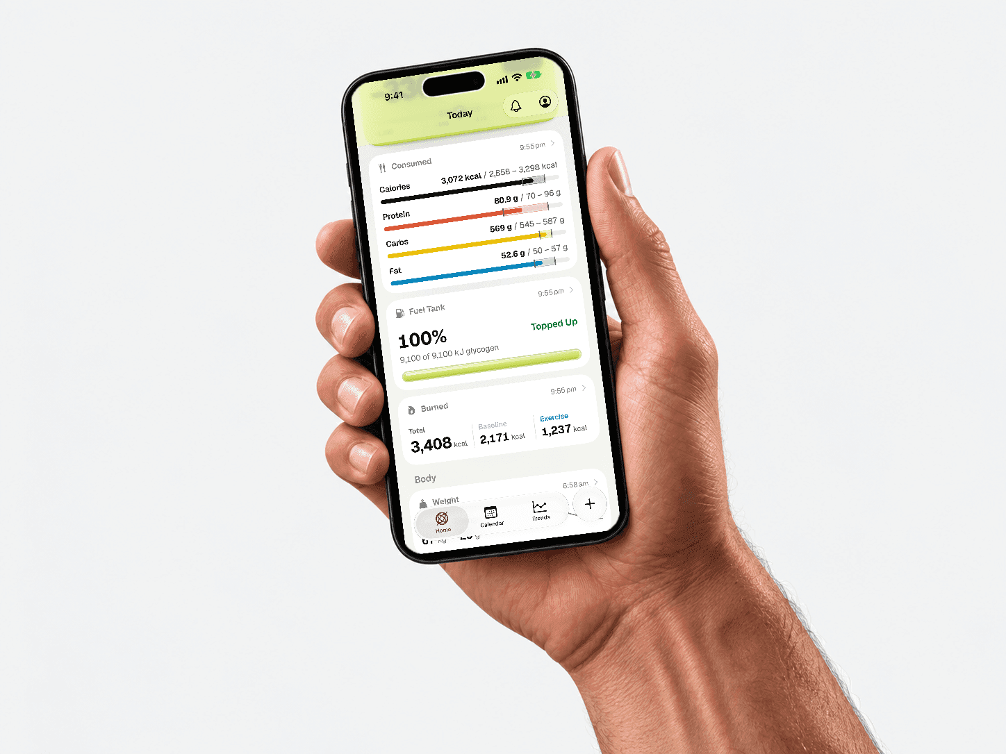 Hand holding an iPhone showing the reload Today screen with the day's energy balance