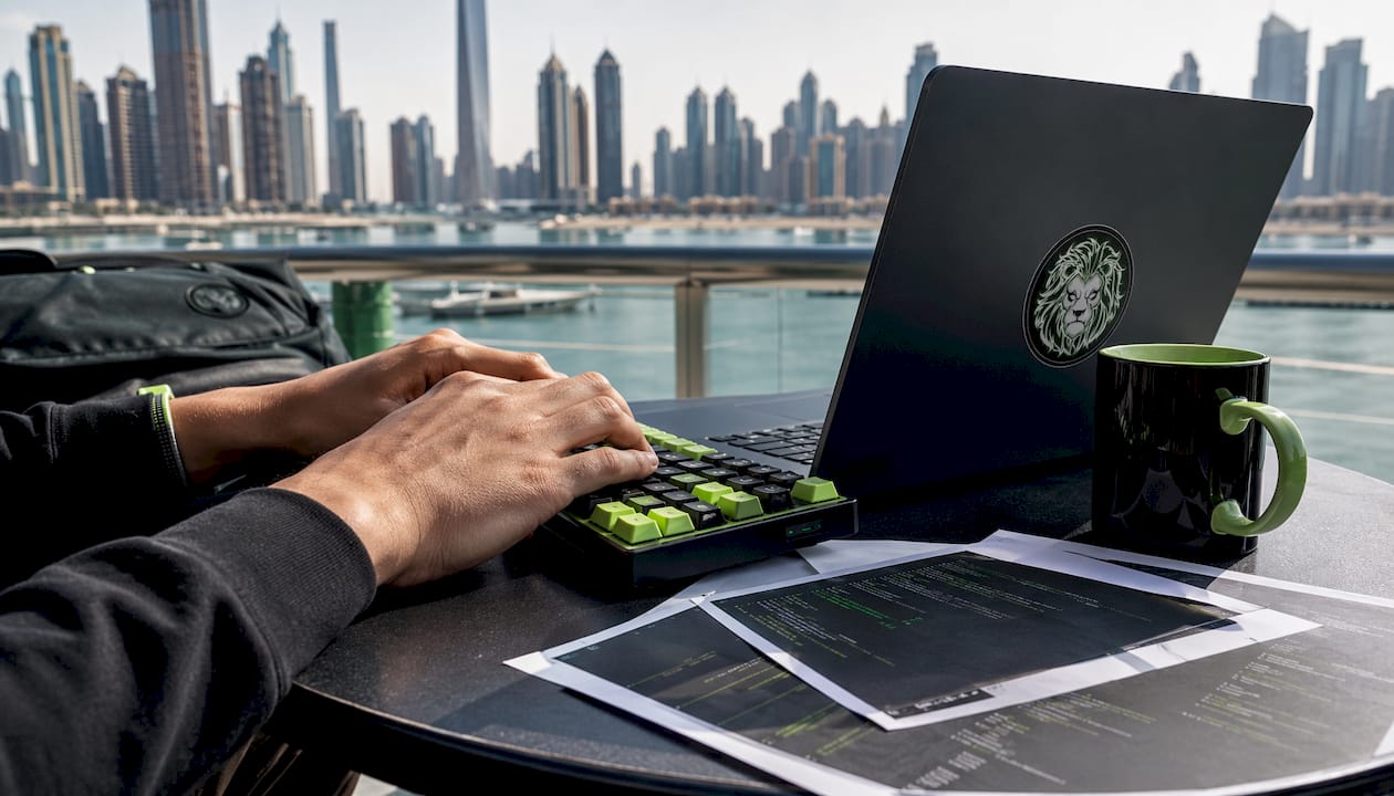 Workspace with blockchain coding setup and gaming figurine