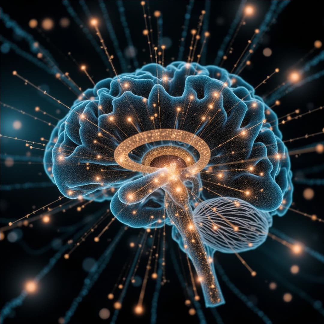 ein transparentes gehirn von dem lichtelemente ausgehen