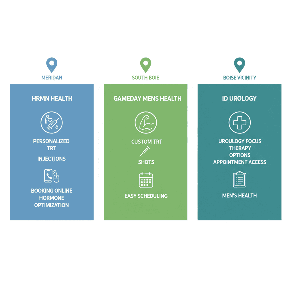 Infographic comparing TRT clinics in Boise area including HRMN Health, Gameday Men's Health, and ID Urology with service icons and details.