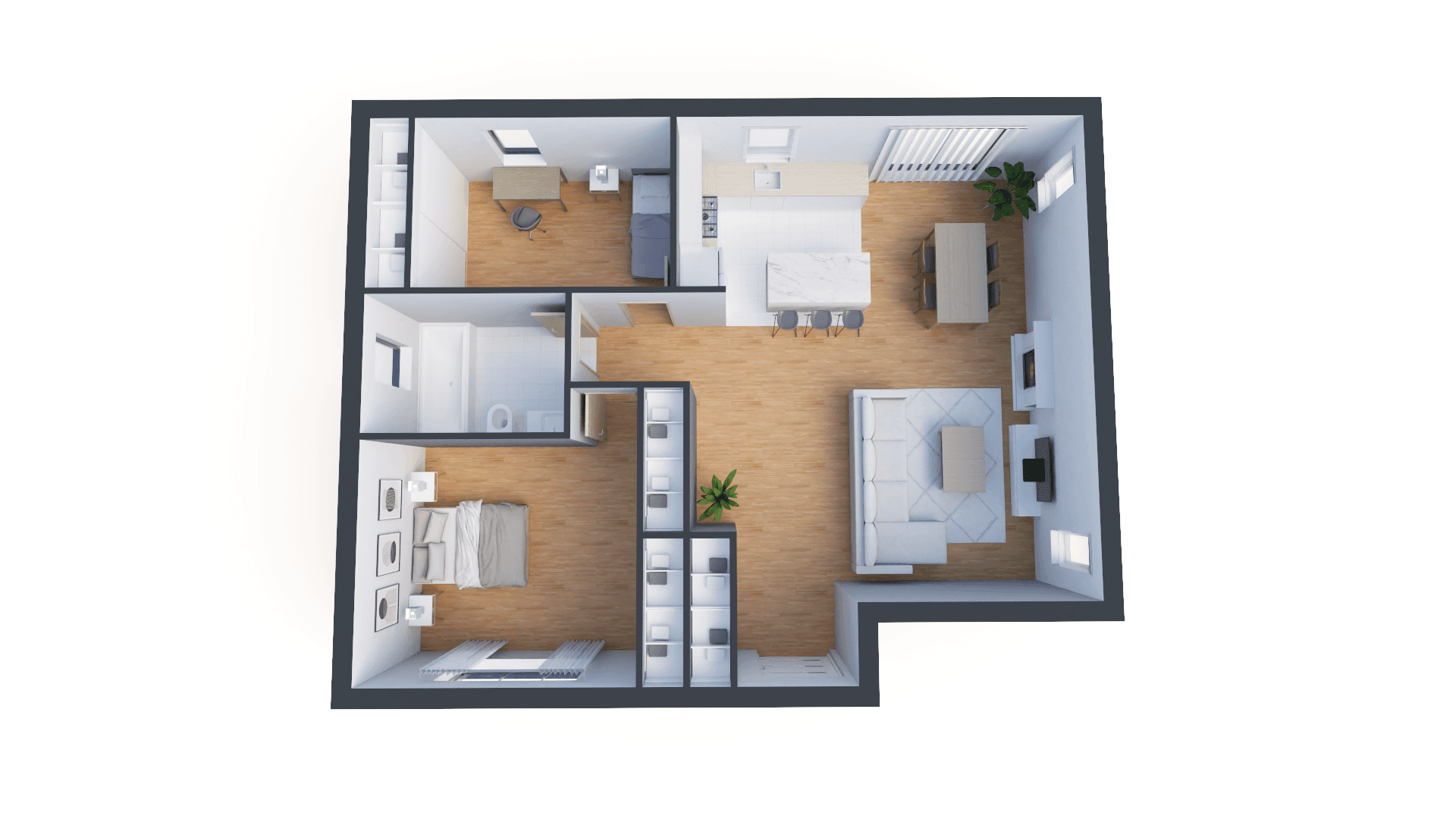 3D view of a two-bedroom house showcasing an open floor plan, fully furnished interiors, and a well-balanced layout.