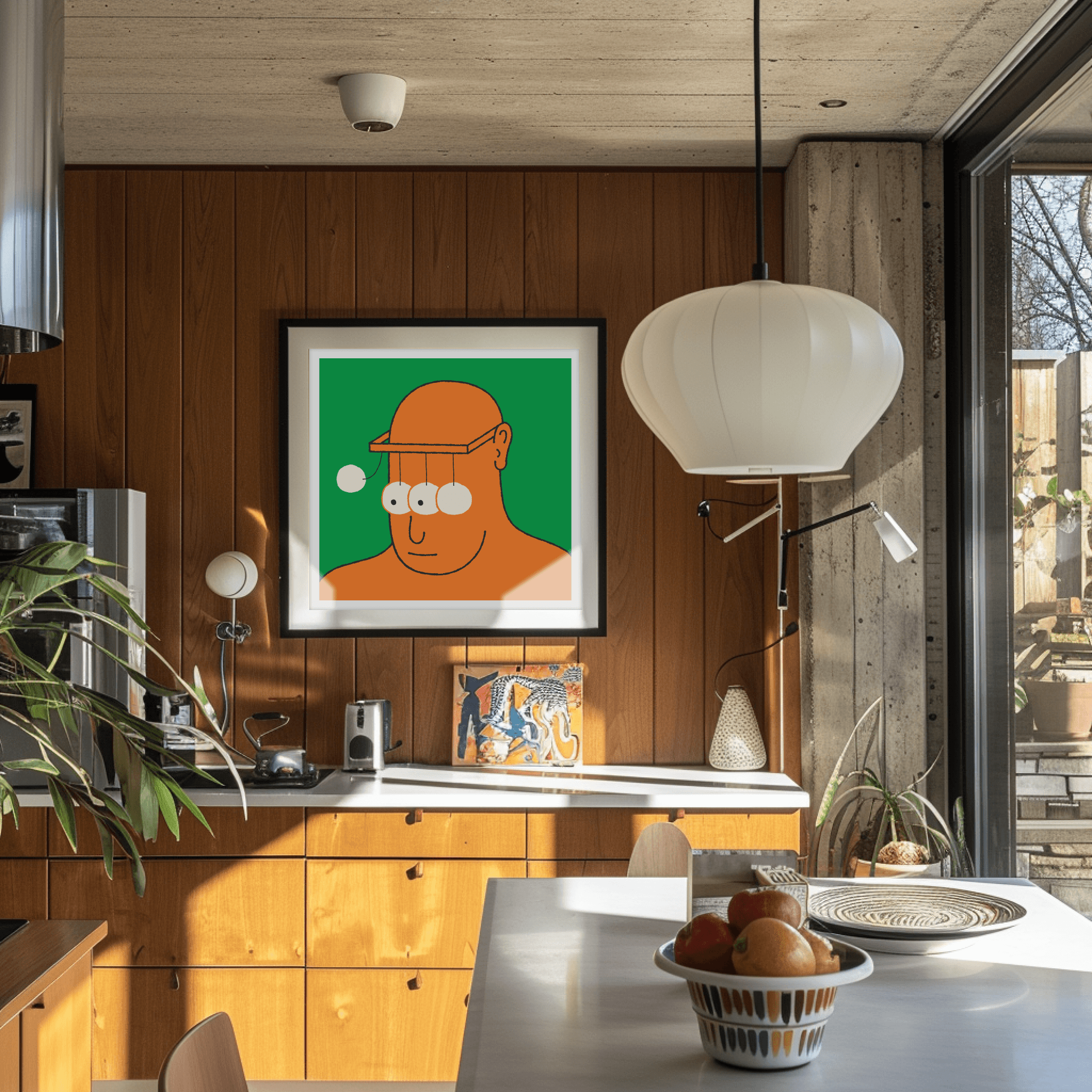 Man print hanging in a kitchen