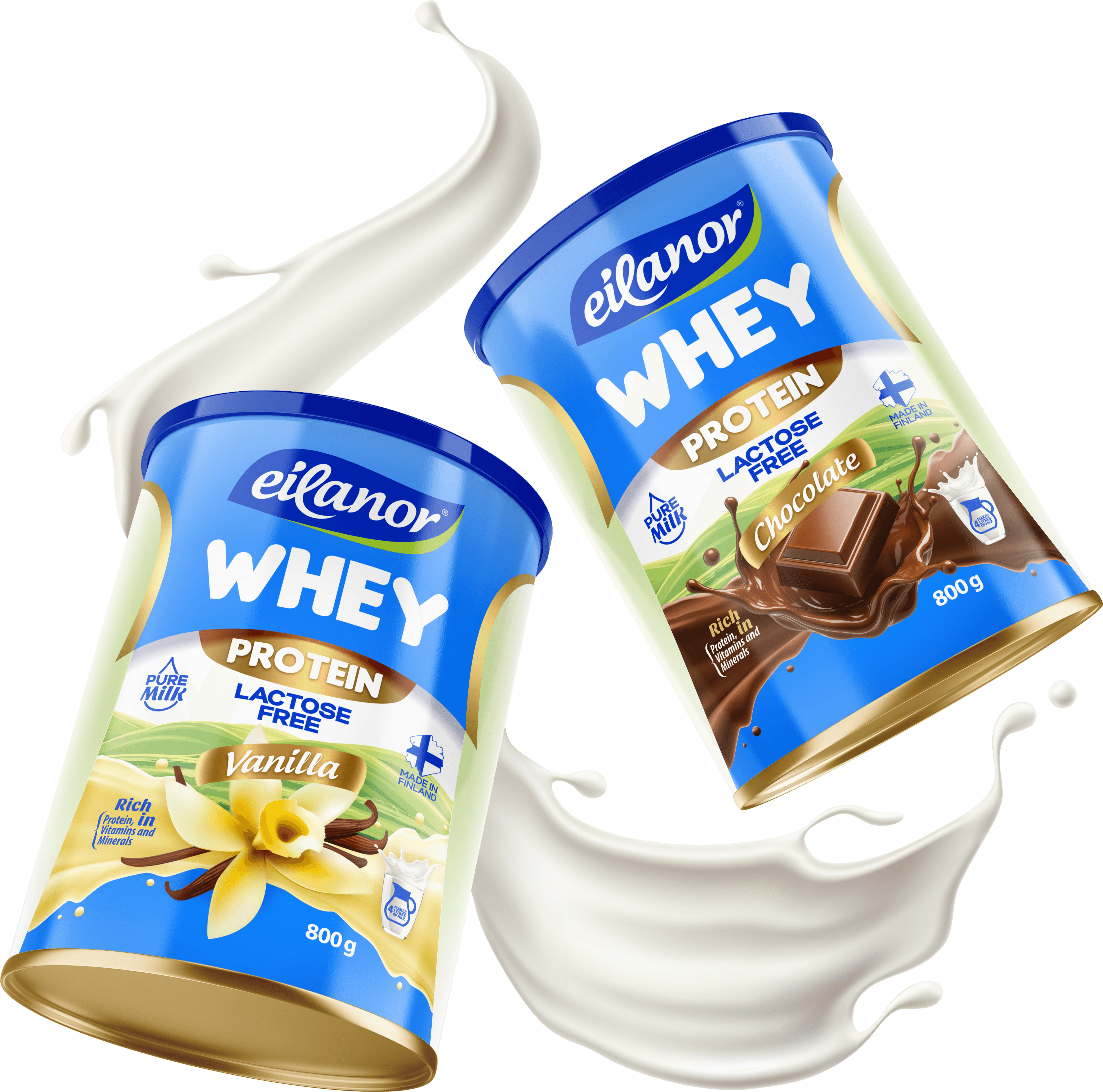 Embalagens de produtos lácteos e whey protein criadas por Rafael Atarão para marcas de alimentos internacional