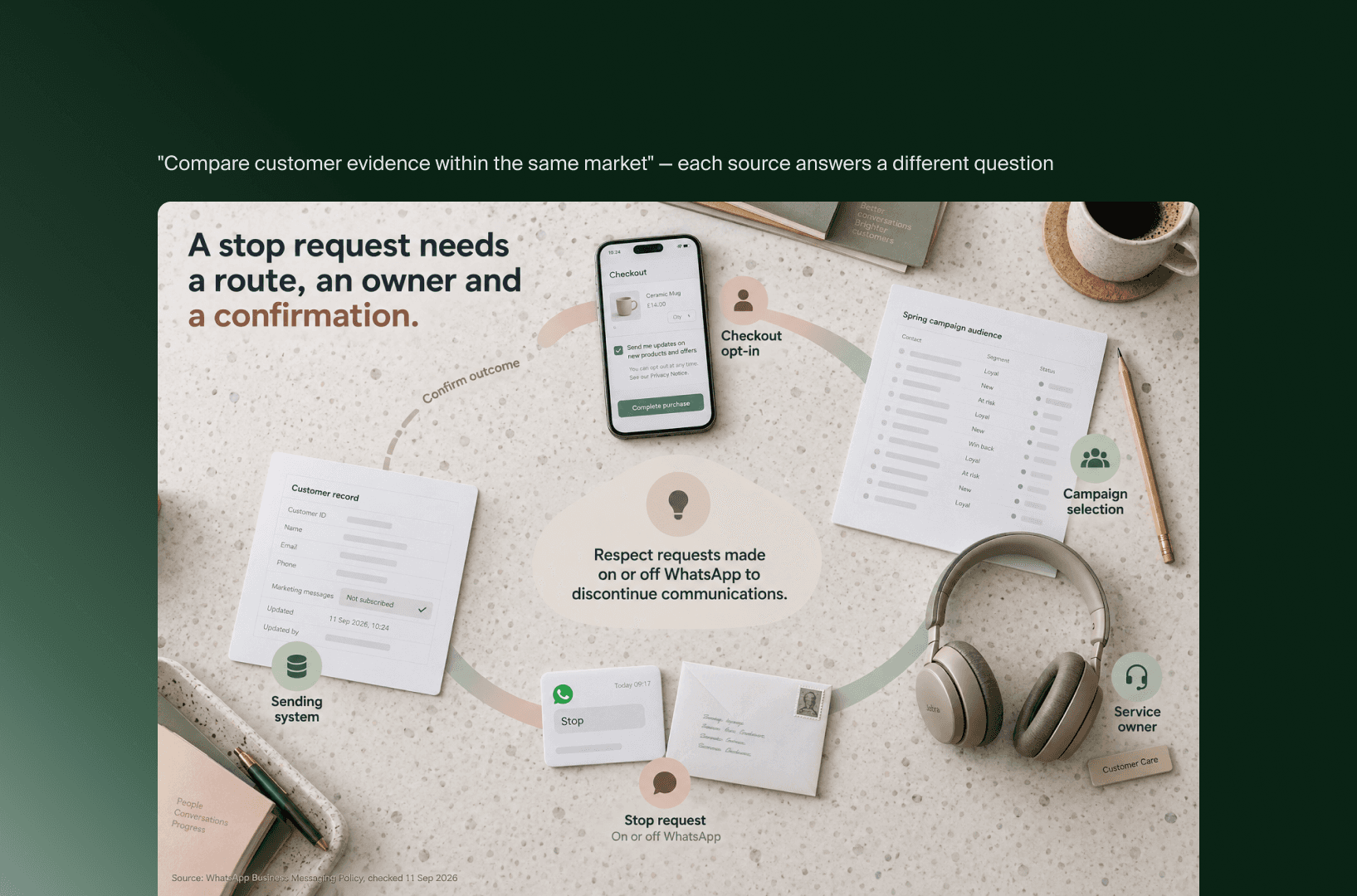 Ablauf für Abmeldungen per WhatsApp oder SMS vom Opt-in im Checkout bis zum Versandsystem, mit Verantwortung und Bestätigung