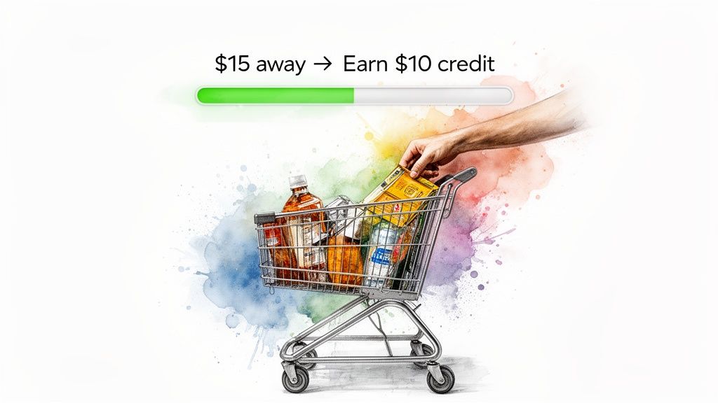 Shopping cart full of groceries with a hand adding an item, showing a 'spend $15, earn $10 credit' progress bar.
