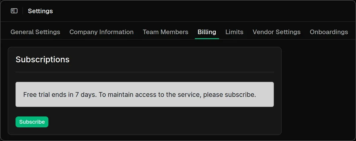 The Billing tab during the free trial, with the Subscribe button