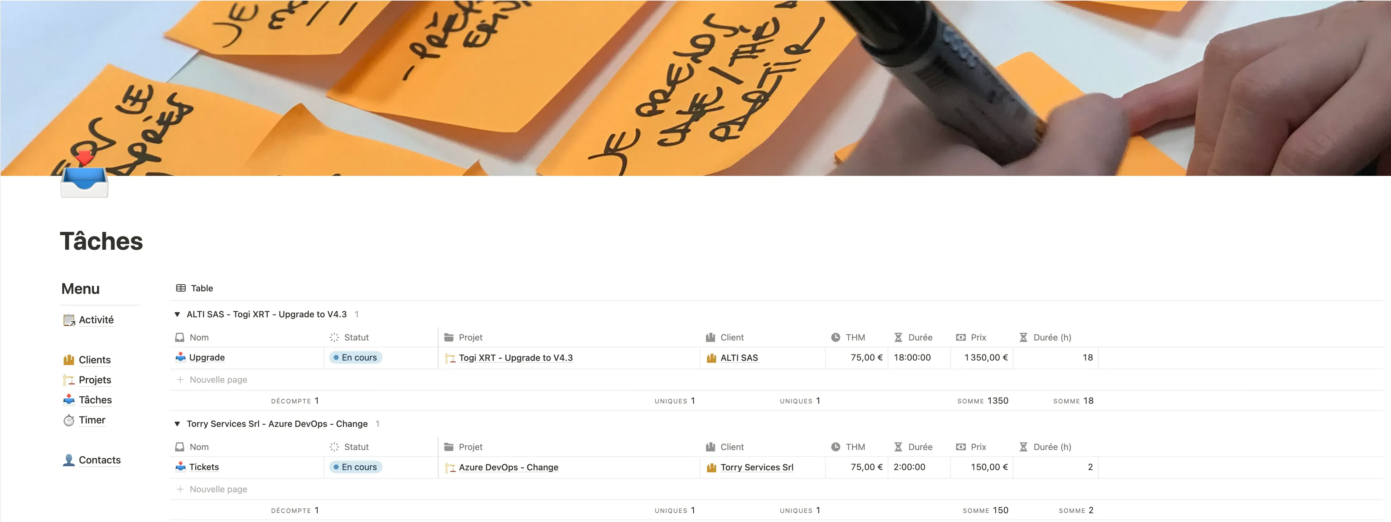 TimeTracker - vue tâches