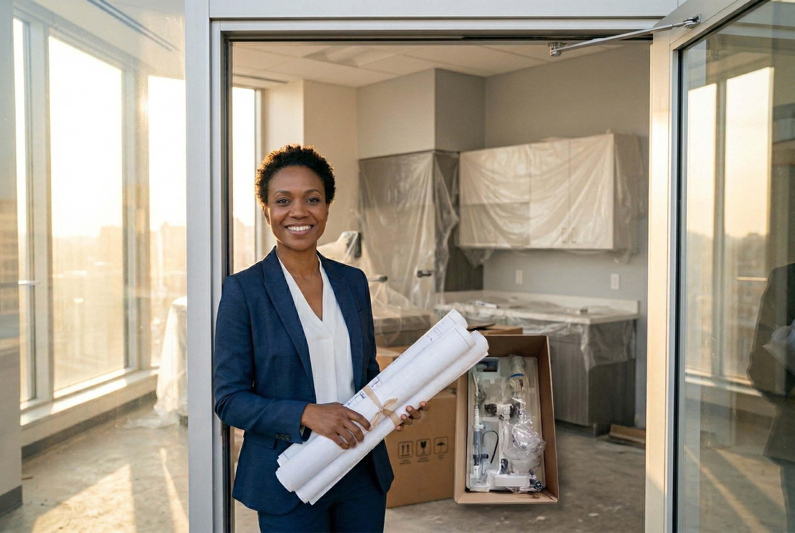 African American female ophthalmologist in business attire standing in doorway of her new practice under construction holding blueprints with ophthalmology equipment in shipping crate