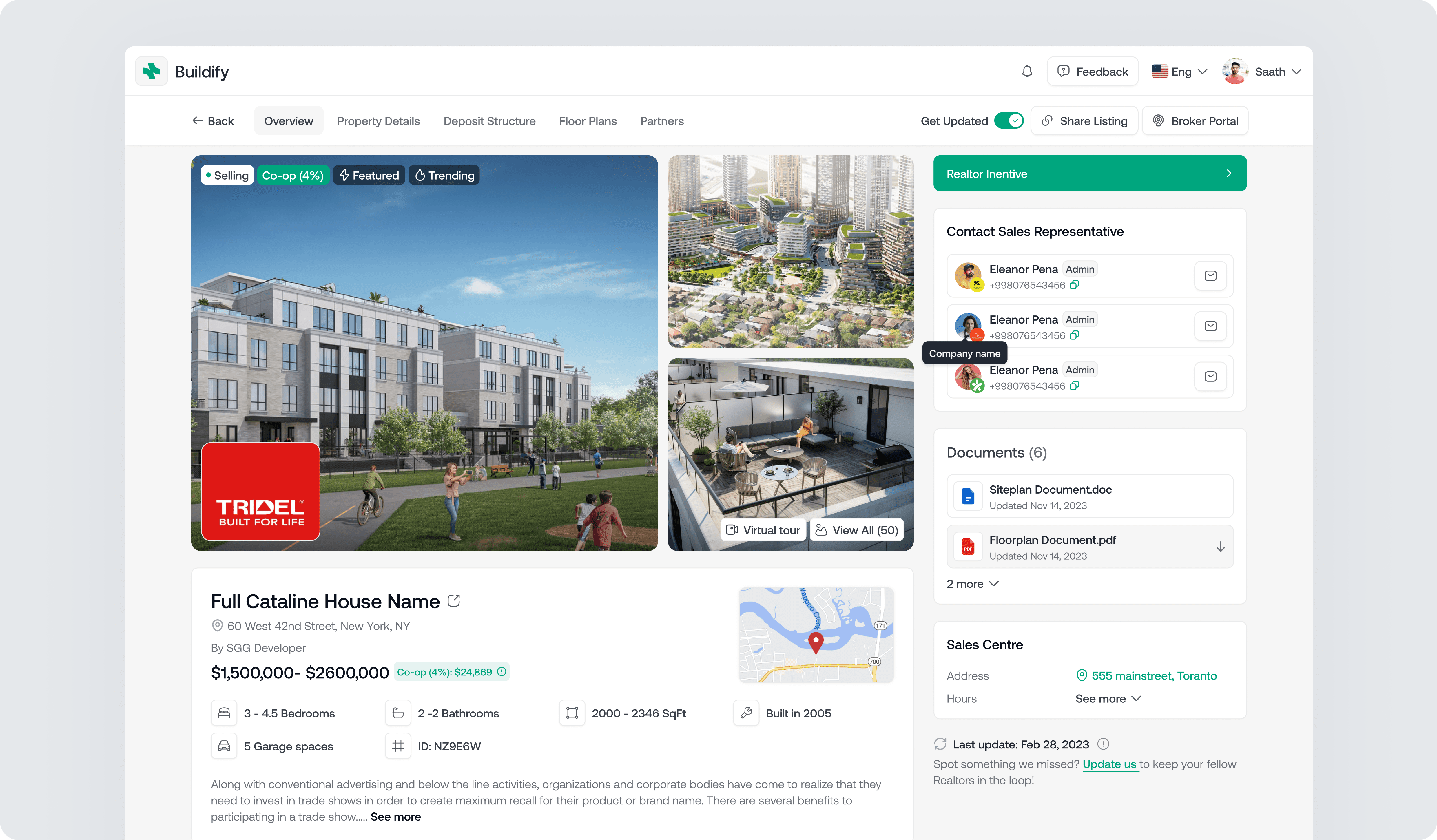 Property details page for a pre-construction home featuring image gallery, pricing range, incentives, documents, contact information, and location map.