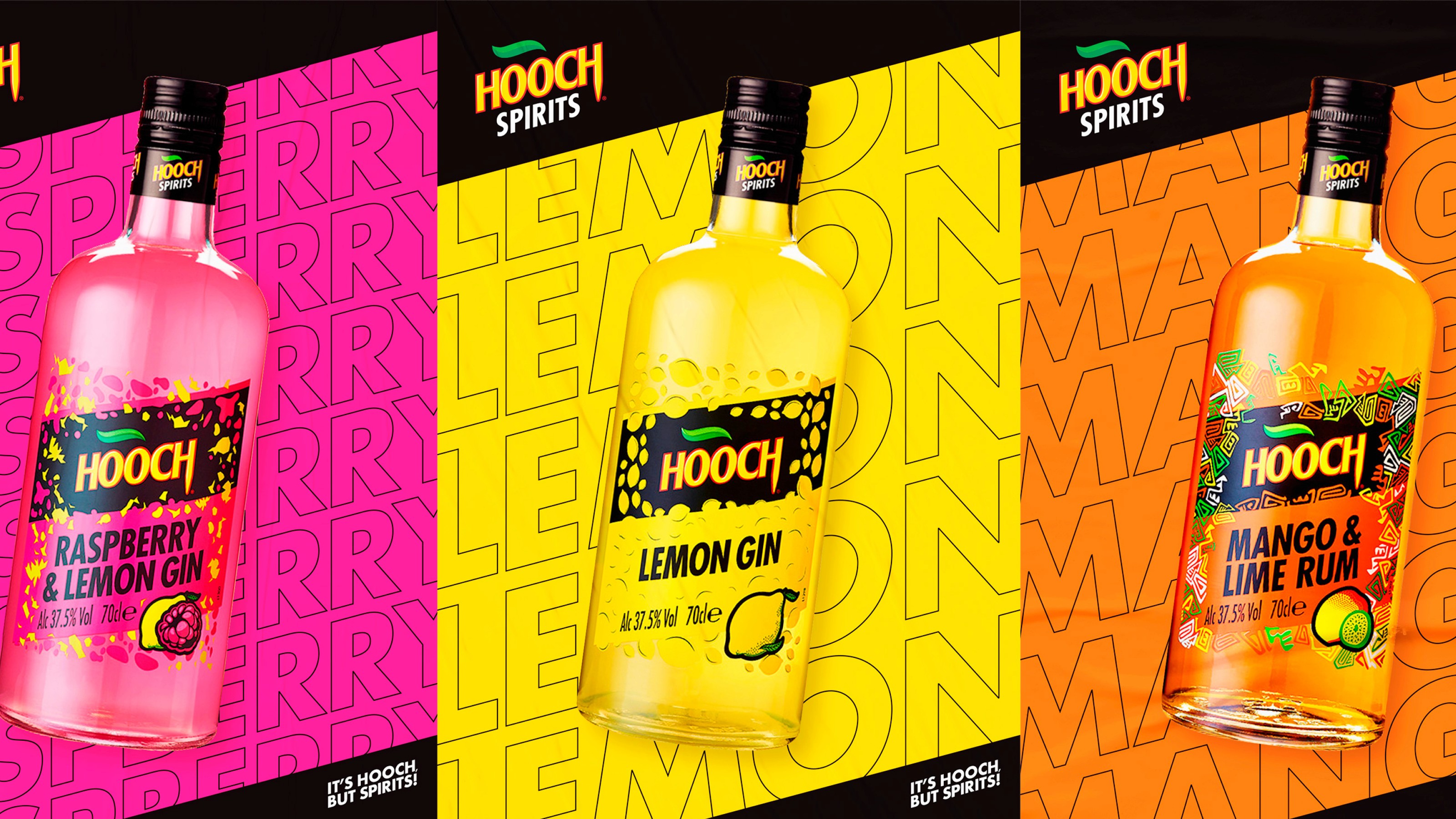 Close-up detail of Hooch Spirits bottle packaging showing typography, colour and illustration elements.e-up detail of Hooch Spirits can packaging showing typography, colour and illustration elements.