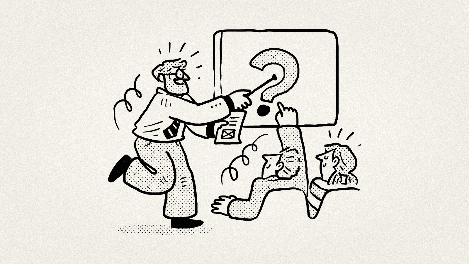 A professor presenting a giant question mark to an engaged audience — the right SWOT analysis questions unlock the strategic insights that generic ones miss