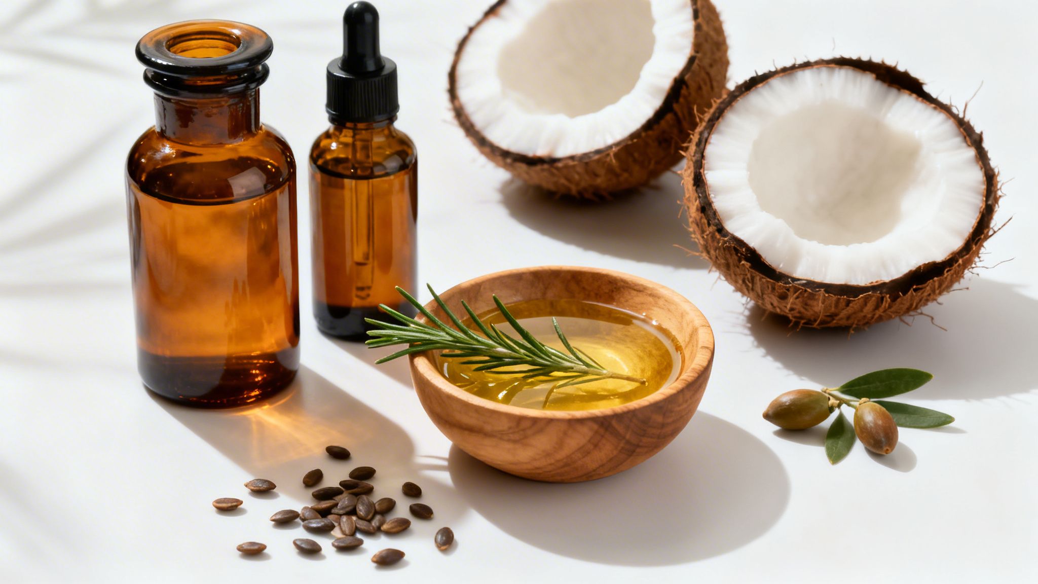Natural oils like coconut, argan, and rosemary for healthy hair and dry scalp.