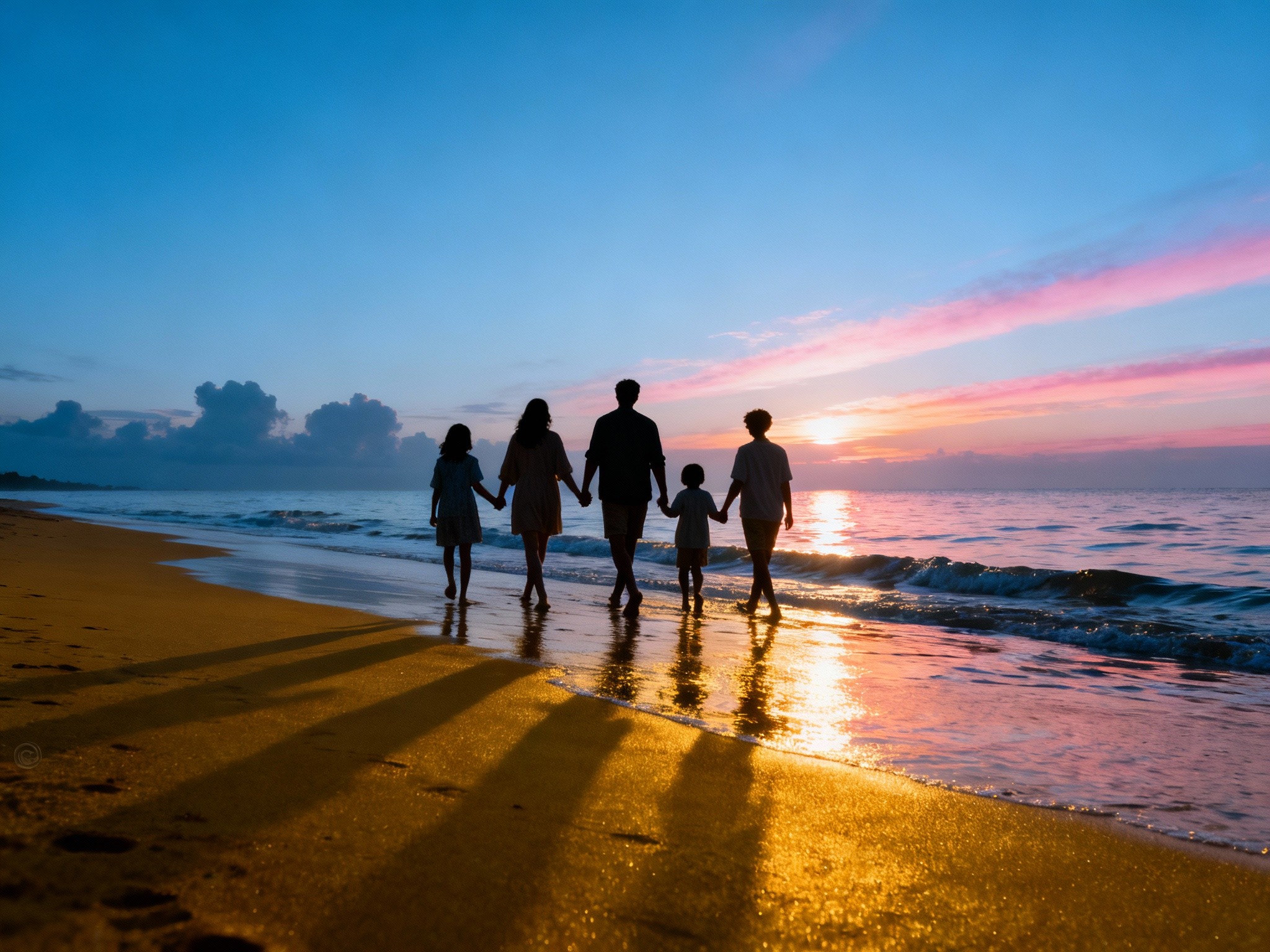 An early morning beach portrait in format, featuring a family walking hand-in-hand along the shore