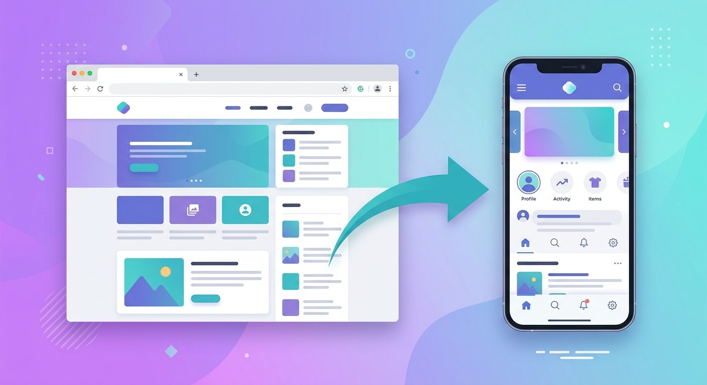 Illustration of a website transforming into a native mobile app on iOS and Android