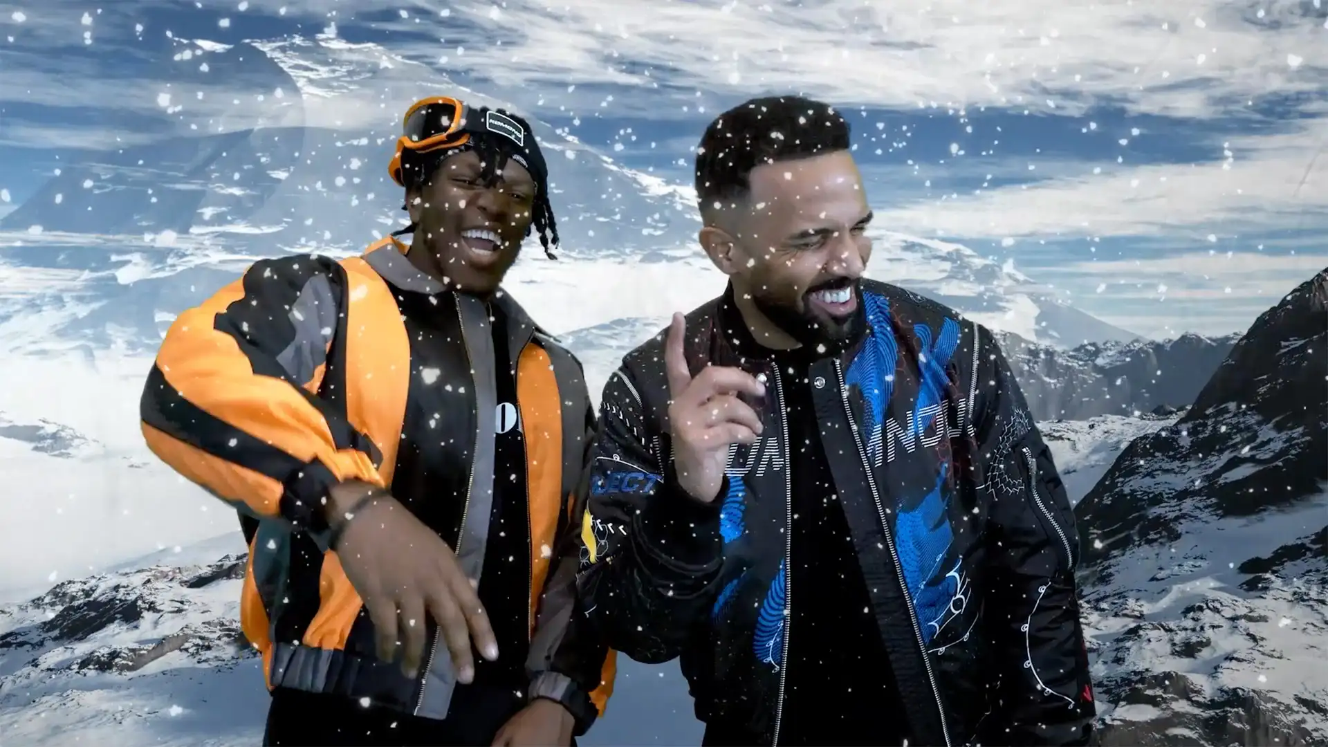 KSI and Craig David during a branded livestream activation, interacting in a snow-themed virtual environment as part of a live audience experience.