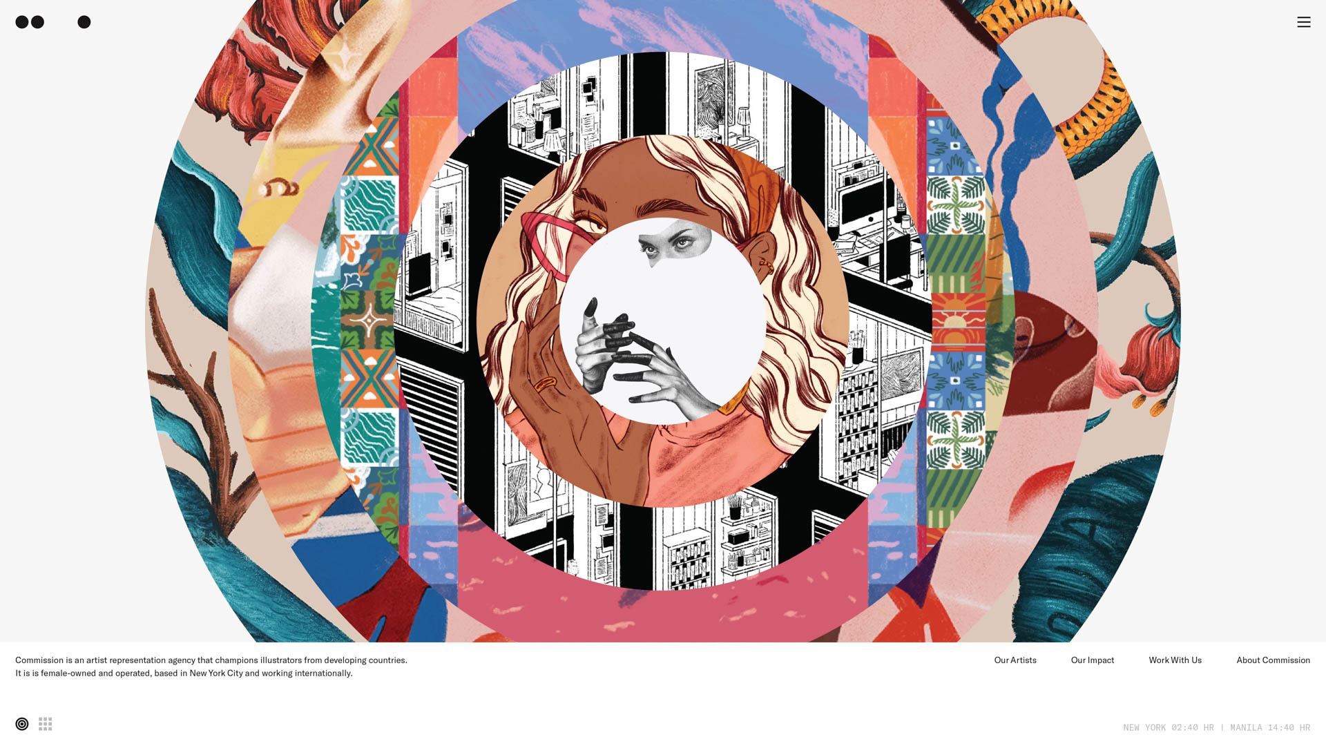 The image is a digital artwork with a circular design. It features a central figure of a woman with blonde hair and red-framed glasses, holding a phone to her face. Surrounding her are abstract patterns in vibrant colors, including blue, pink, and green. The background within the circle is primarily black and white, with glimpses of buildings depicted in grayscale. The image is composed of various geometric shapes and lines, creating a balanced and visually engaging composition. The artwork is signed by the artist and includes credits at the bottom. The style is reminiscent of pop art, with bold colors and graphic elements.