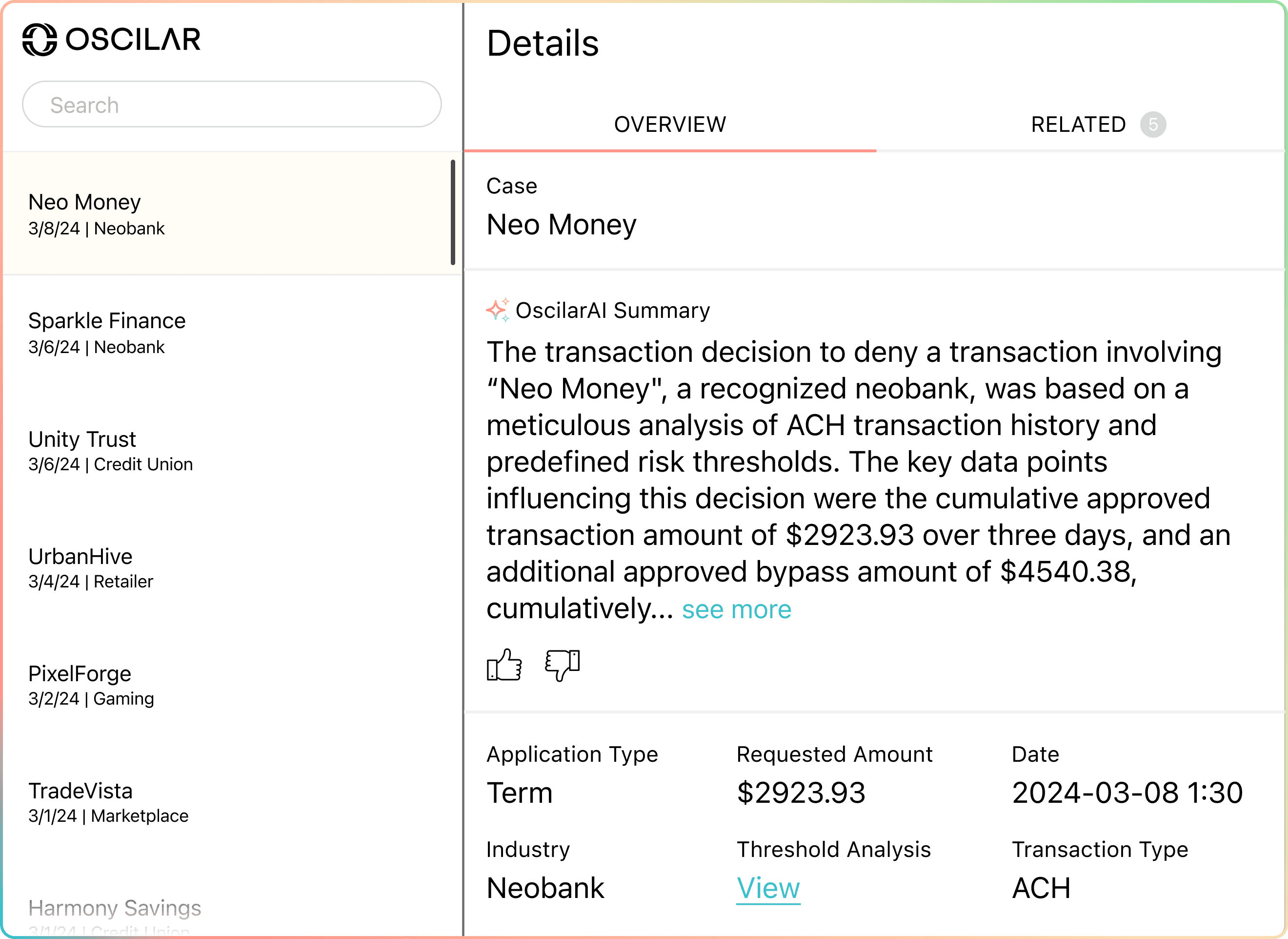 Oscilar's ACH fraud prevention platform