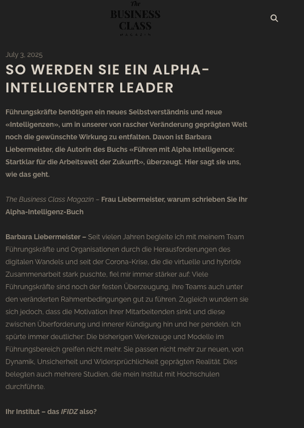 Titelbild des Onlineartikels von Barbara Liebermeister aus dem Business Class Magazine.