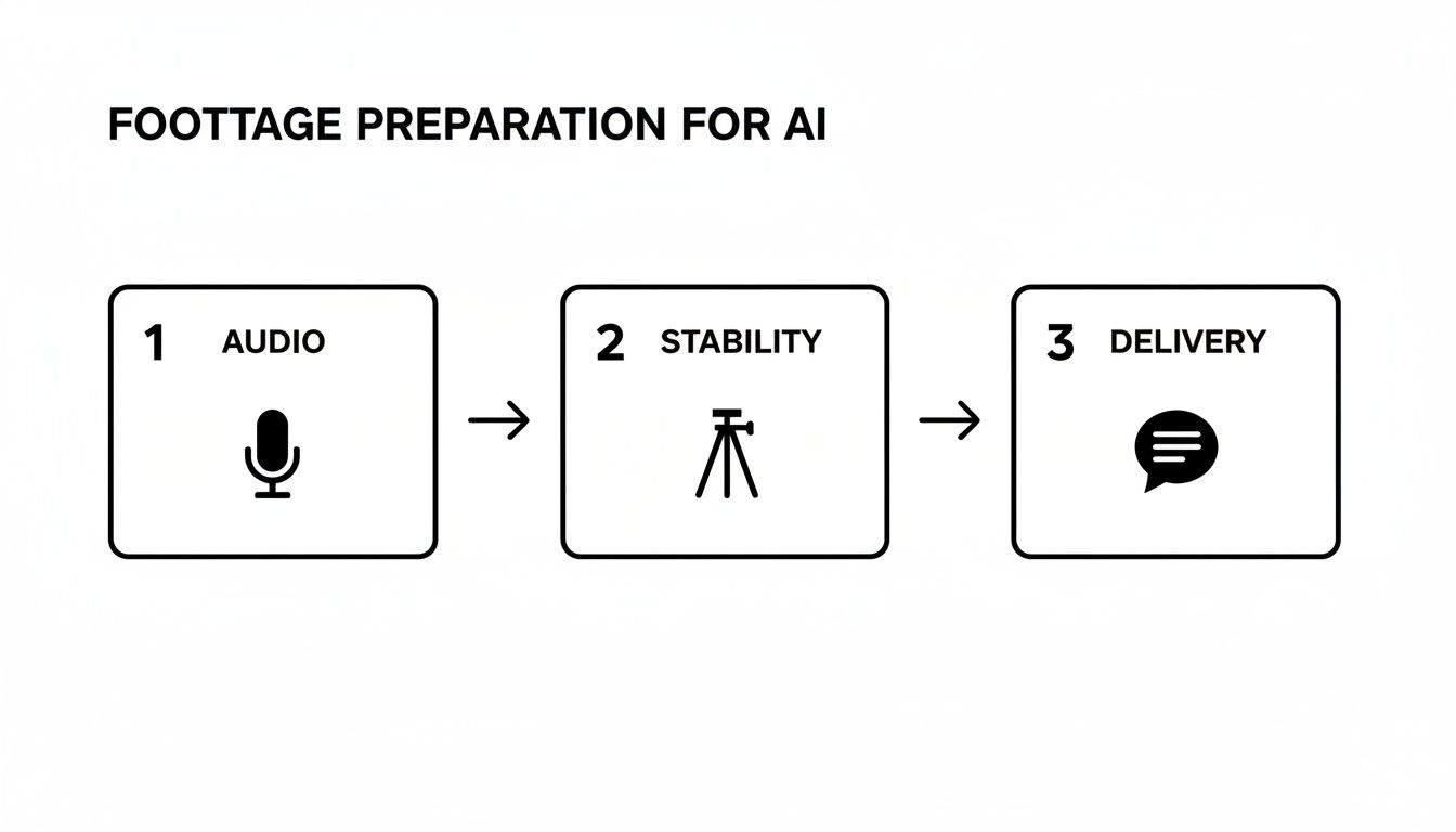 A three-step flowchart illustrating footage preparation for AI: audio, stability, and delivery process.