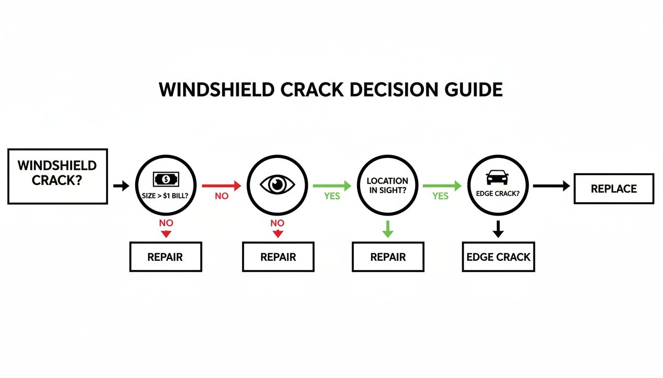 Flowchart guiding windshield crack repair or replacement decisions based on size, location, and type.