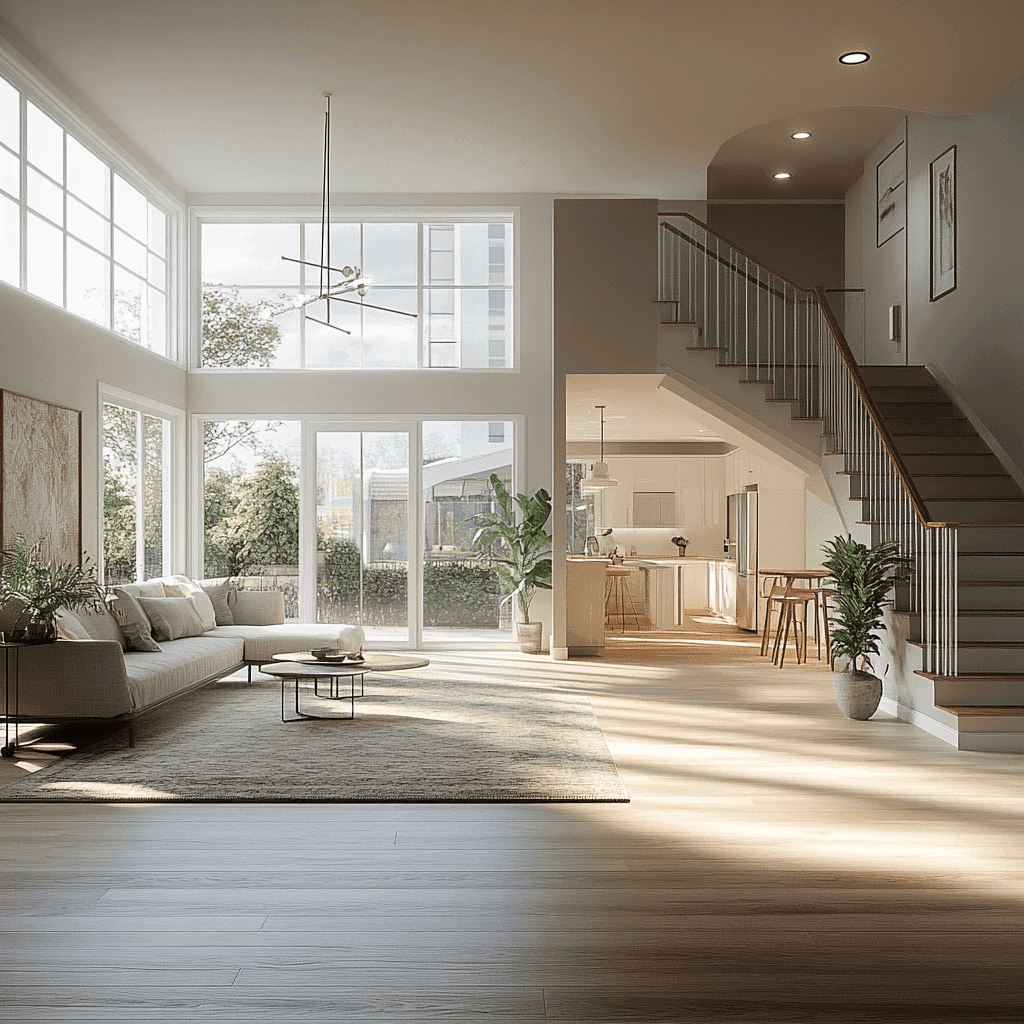 Modern living room with large windows, light wood flooring, gray sofa and chairs, and green plants. Bright, airy atmosphere with natural light.