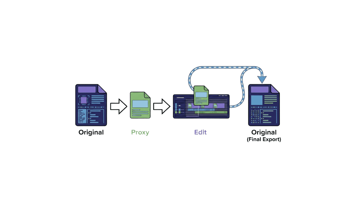 Flat illustration of the four-step proxy editing workflow: creating a lightweight proxy from an original file, editing against the proxy, then relinking back to the full-quality original before export.