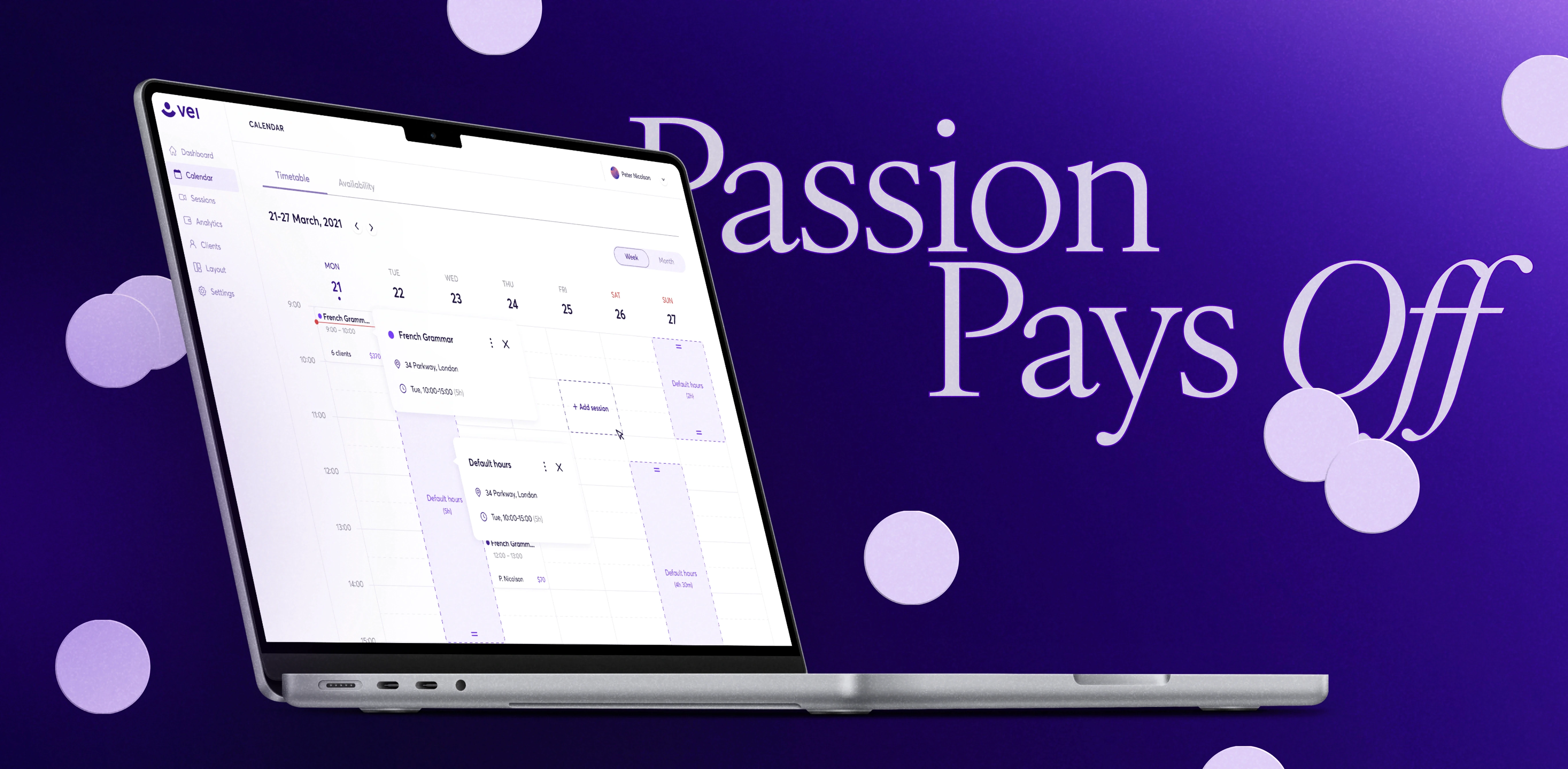 The image features a promotional graphic with the slogan "Passion Pays Off" on the right and a laptop screen displaying a calendar interface on the left.  Laptop Screen:  The laptop is angled to the left, showing part of the screen and keyboard. The screen displays a calendar interface with a weekly view from March 21 to March 27, 2021. Calendar entries include "French Grammar" and "Default hours," among others. The interface is designed with light colors and clear typography, maintaining a clean and organized appearance. Slogan:  The slogan "Passion Pays Off" is written in a large, elegant serif font. The text is white, standing out against a gradient purple background that transitions from a darker shade at the top to a lighter shade at the bottom. Background:  The background features a gradient of purple with subtle circular elements scattered around, adding a playful yet professional touch to the overall design. The design emphasizes productivity and passion, combining a sleek user interface with motivational messaging.