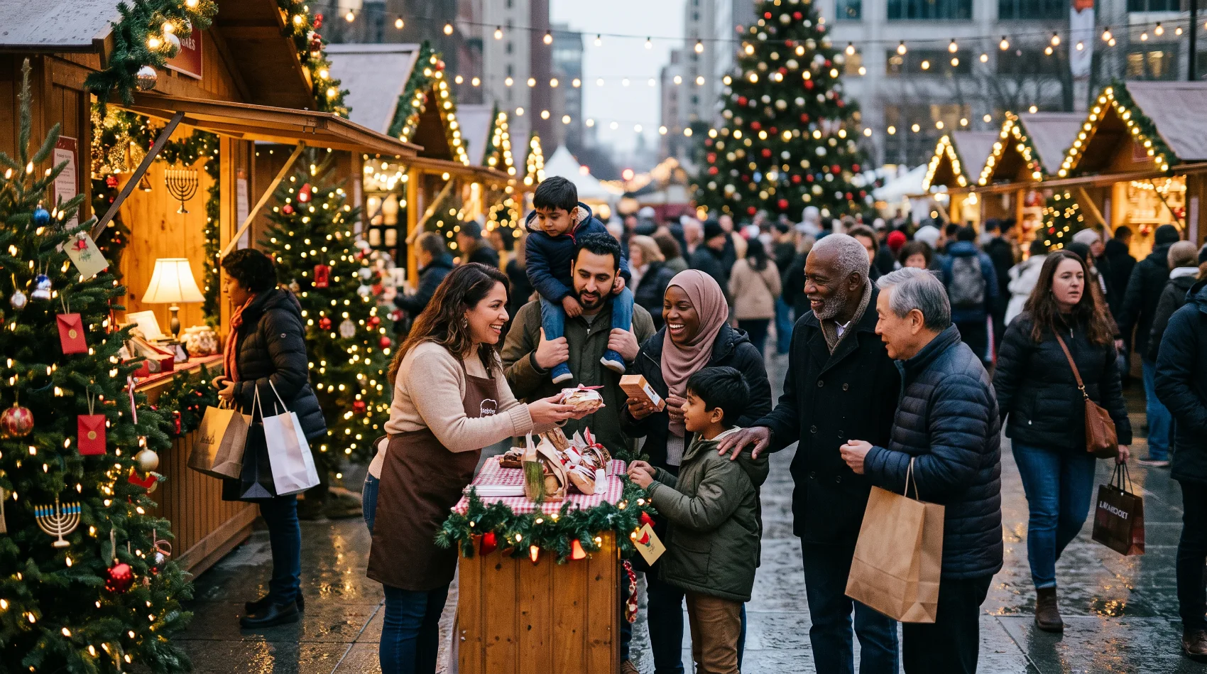 Diverse multicultural family buying Christmas treats at inclusive winter market with menorah and Christmas trees