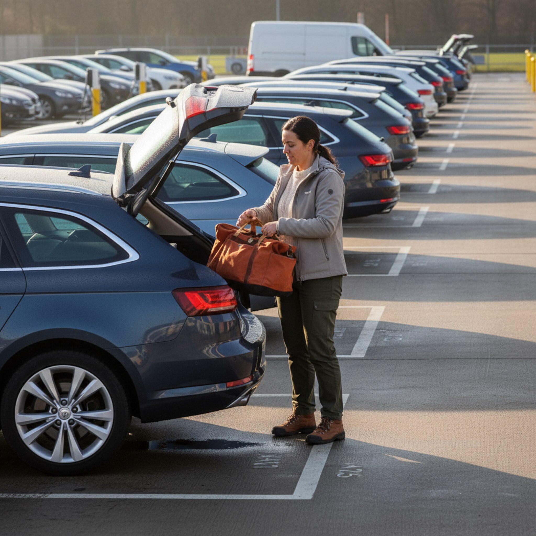 Früher Morgen im Depot: Reihen aus Kombis und Transportern glänzen vom Tau. Zwischen zwei Fahrzeugen verstaut eine Fahrerin eine Tasche im Kofferraum, Atem in der kühlen Luft sichtbar. Sanftes Seitenlicht streift die Karosserien, Markierungen auf dem Boden geben Struktur. Ein ruhiger Moment vor dem Start der Touren.