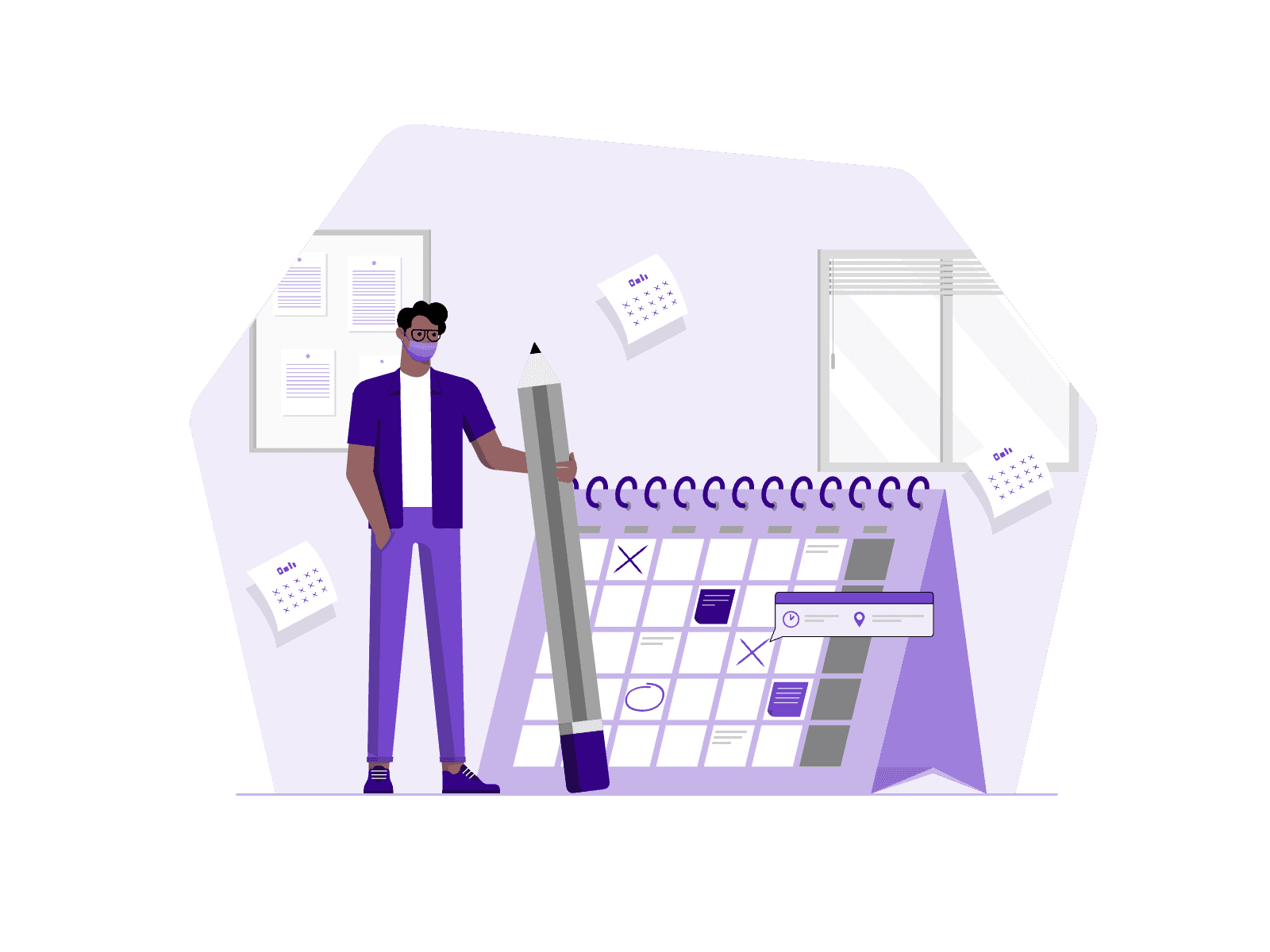 A man grips a sizable pencil while standing before a calendar, mapping out the upcoming weeks.