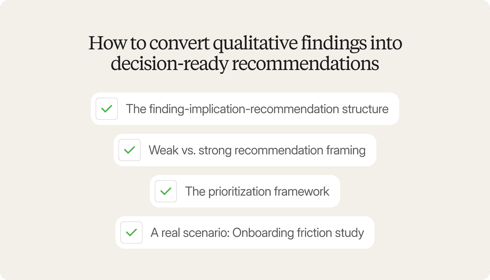Cream-colored graphic titled "How to convert qualitative findings into decision-ready recommendations," listing four checked items: the finding-implication-recommendation structure, weak vs. strong recommendation framing, the prioritization framework, and a real scenario on onboarding friction study.