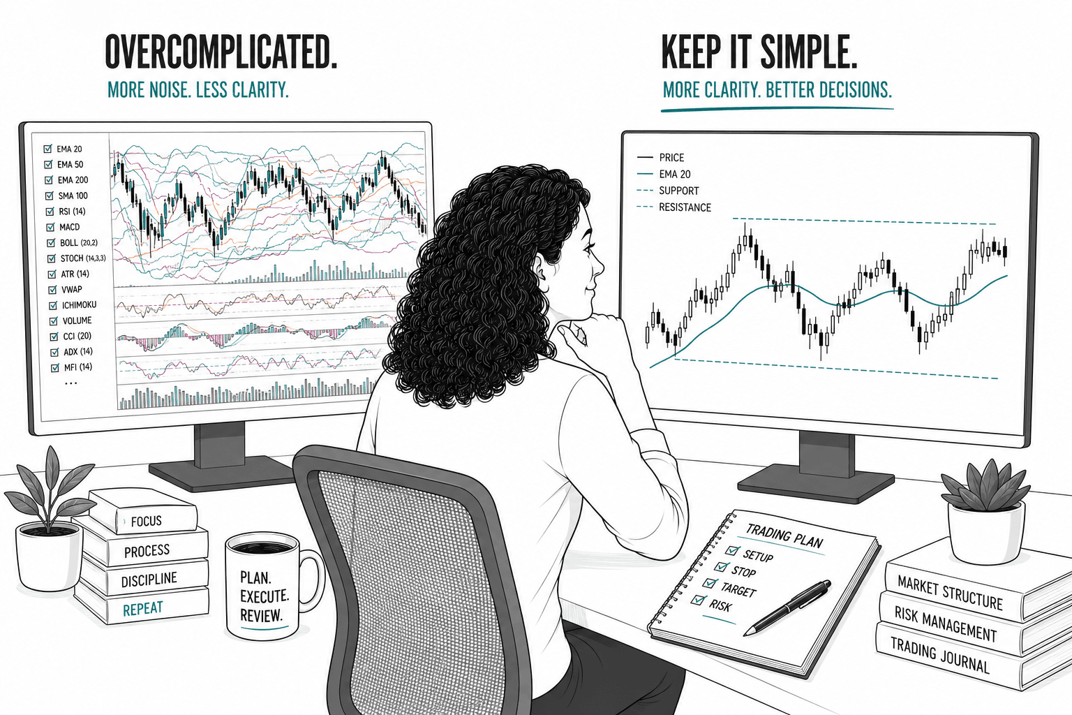 Hand-drawn illustration of a woman with shoulder-length dark curly hair sitting between two trading monitors. One screen is overloaded with technical indicators, while the other shows a clean candlestick chart with support, resistance, and a single moving average. She looks at the simplified chart with relief, illustrating how clarity leads to better trading decisions.