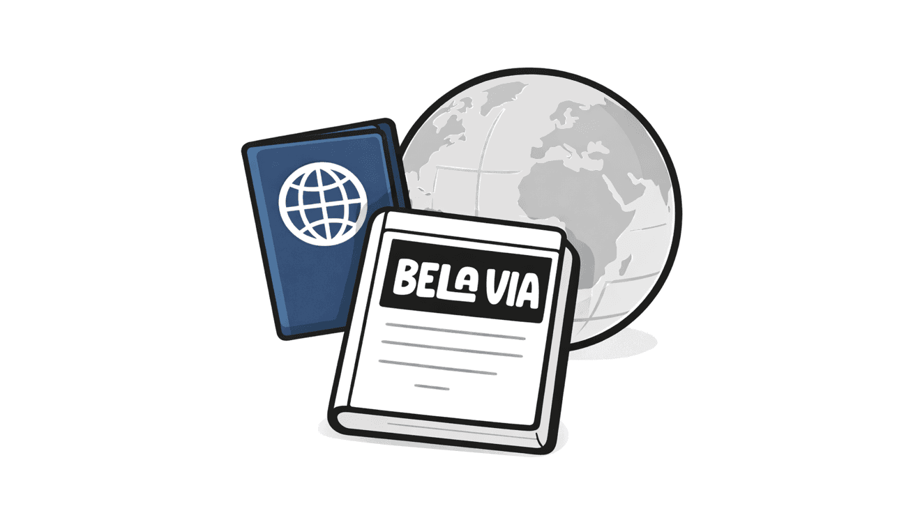 Cartoon globe with blue passport and Book with Bela Via Logo on cover