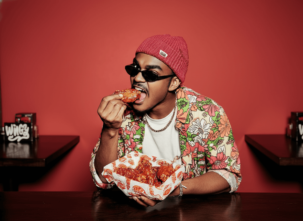 Street-Style Food-Fotografie mit Buffalo Wings und urbaner Mode für Social-Media-Kampagne