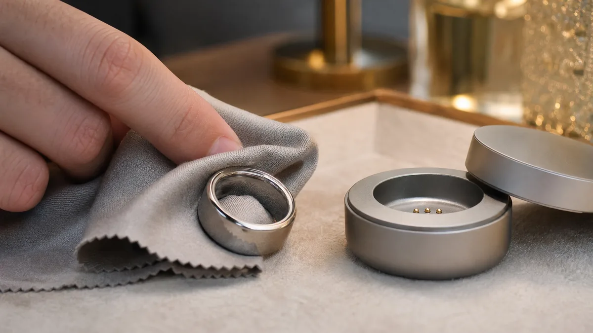 Fingertips drying a smart tasbih ring with a microfiber cloth