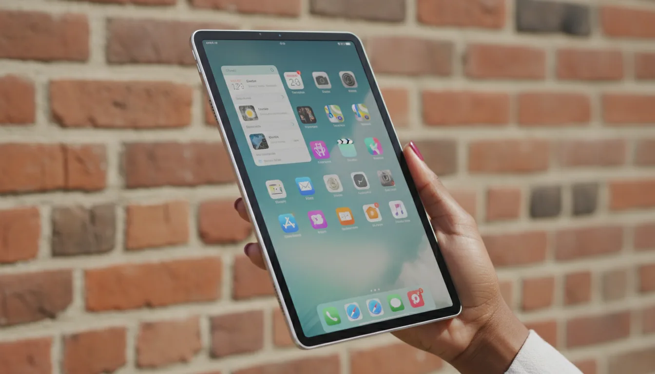 DSLR photography of a dark-skinned woman's hand with dark red nail polish holding a modern silver iPad Pro vertically. The screen is brightly illuminated, displaying the iPadOS home screen with a layout of widgets and app icons. The shot features a shallow depth of field with the iPad in sharp focus against a background of a textured red brick wall with a soft bokeh. Bright, natural daylight illuminates the scene.