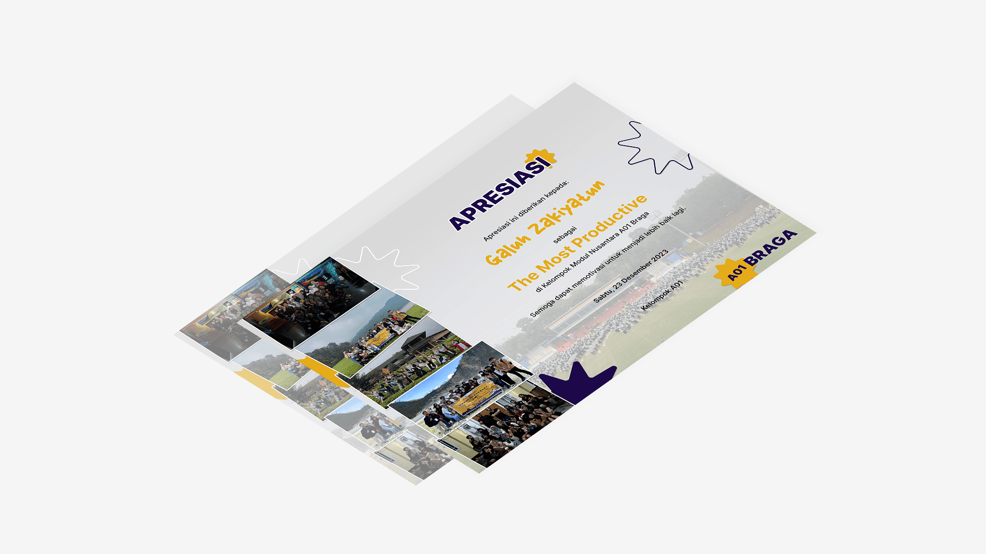 Two overlapping certificate-like images featuring group photos of people outdoors. Text includes 'Apresiasi,' 'Galih Zakiyatun,' and 'The Most Productive.' Background conveys a celebratory theme with geometric designs and vibrant colors.