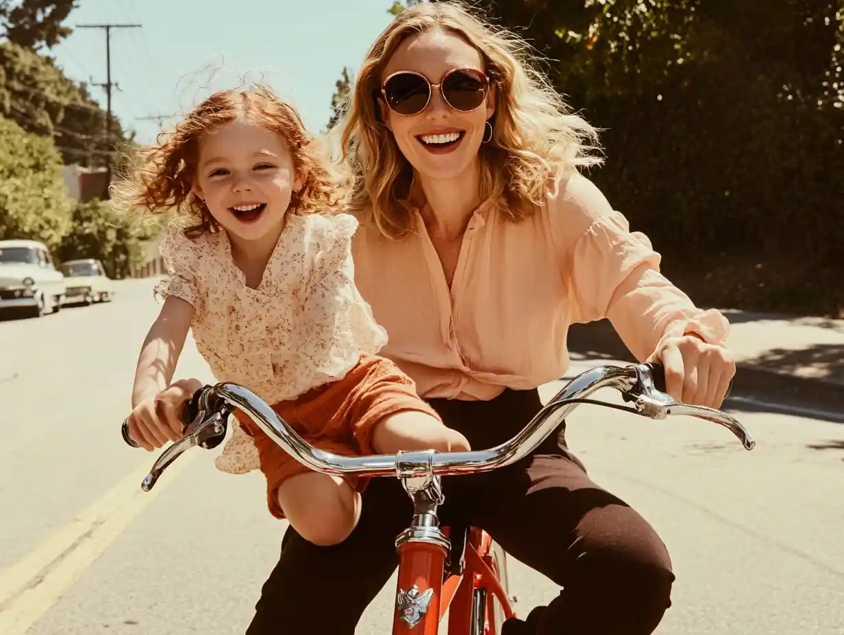 A joyful nanny riding a bike with a child, symbolizing the personalized and meaningful job matches provided by United Nannies.