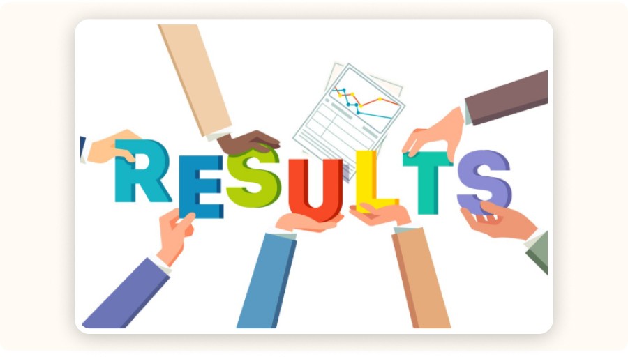 Mains diverses soutenant mot “RESULTS” coloré avec graphique au-dessus&nbsp;