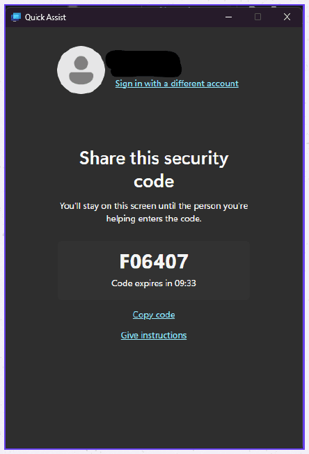 Screenshot des Windows-Quick-Assist-Fensters mit dem Text „Share this security code“, dem Code F06407, dem Hinweis, dass der Code in 09:33 abläuft, sowie den Links „Copy code“ und „Give instructions“.
